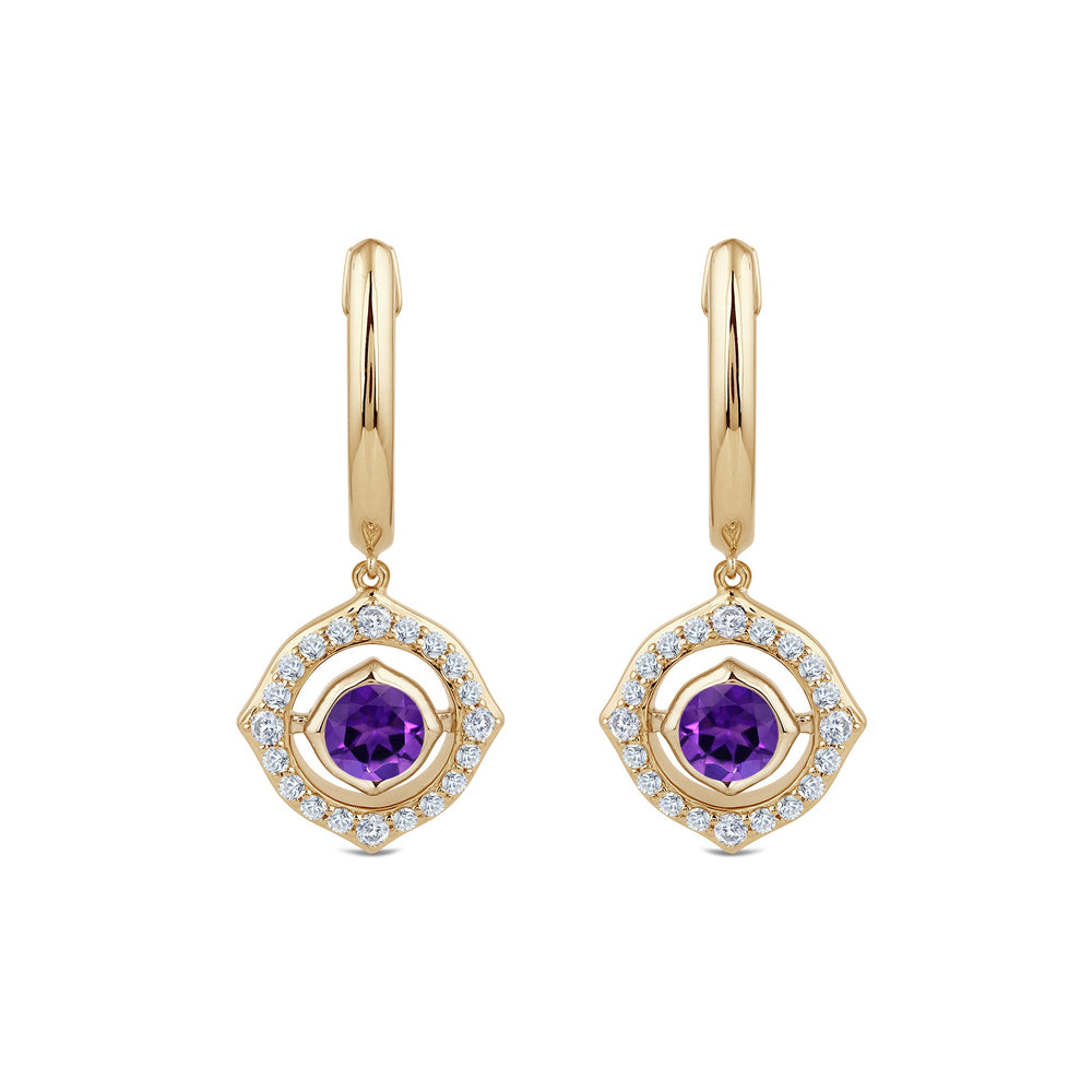Signature Amethyst Birthstone Drop Huggies with Lab Cut Diamond in 14KT Yellow Gold view 2
