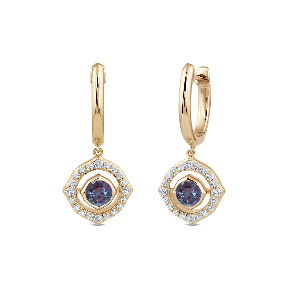 Signature Alexandrite Birthstone Drop Huggies with Lab Cut Diamond in 14KT Yellow Gold view 1
