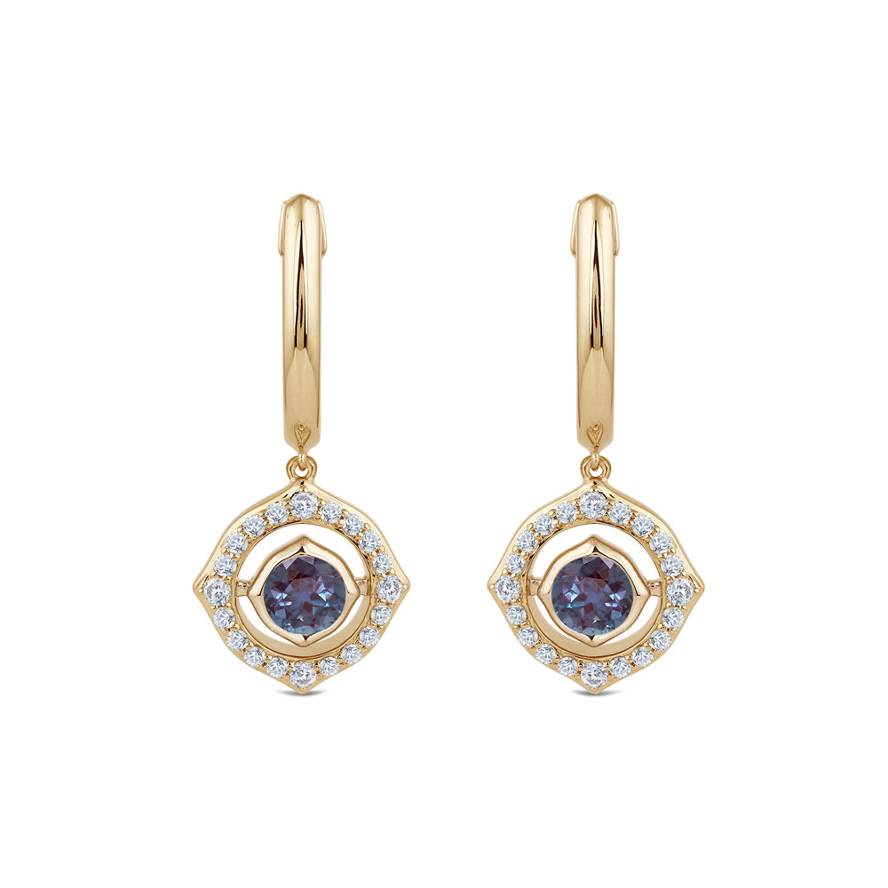 Signature Alexandrite Birthstone Drop Huggies with Lab Cut Diamond in 14KT Yellow Gold view 2
