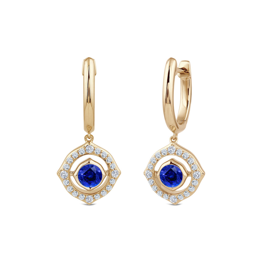 Signature Created Sapphire Birthstone Drop Huggies with Lab Cut Diamond in 14KT Yellow Gold view 1
