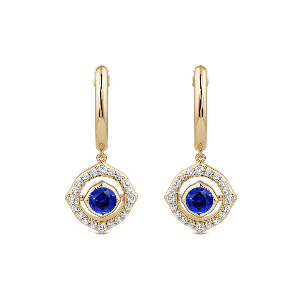 Signature Created Sapphire Birthstone Drop Huggies with Lab Cut Diamond in 14KT Yellow Gold view 2
