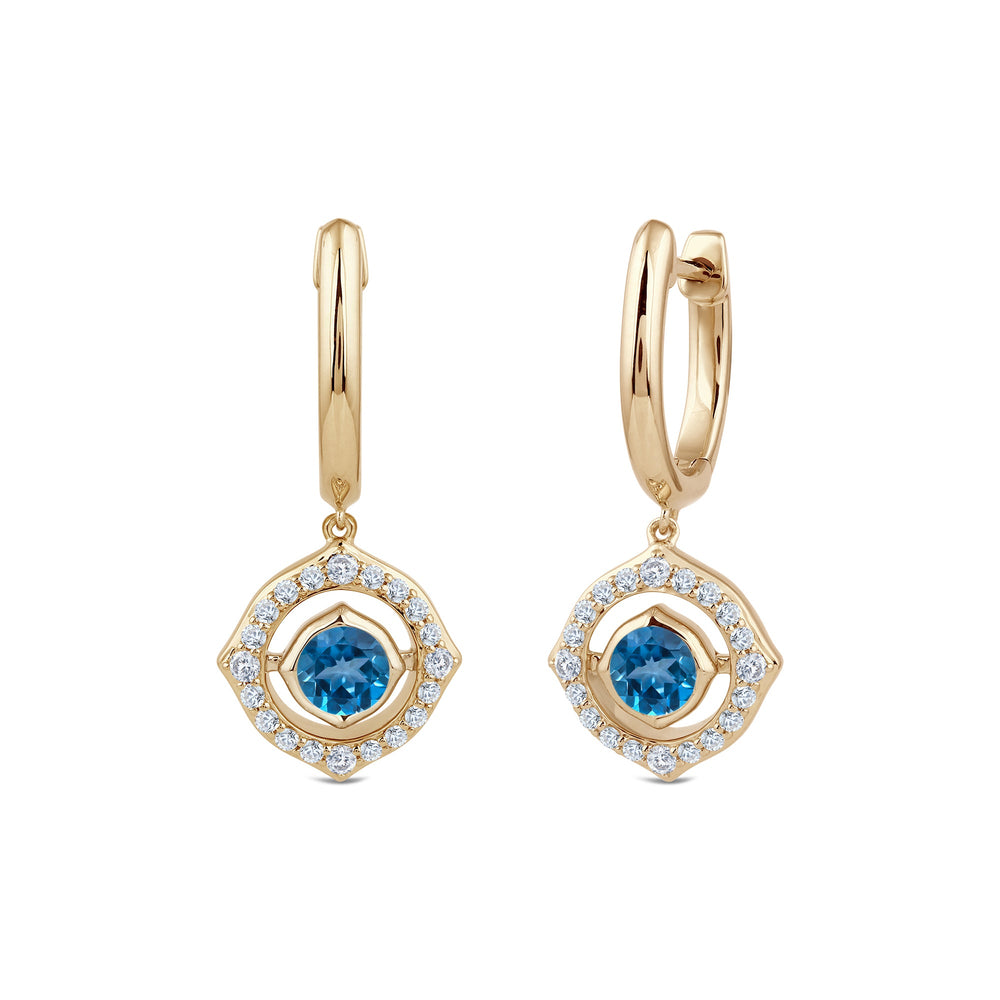 Signature London Blue Topaz Birthstone Drop Huggies with Lab Cut Diamond in 14KT Yellow Gold view 1
