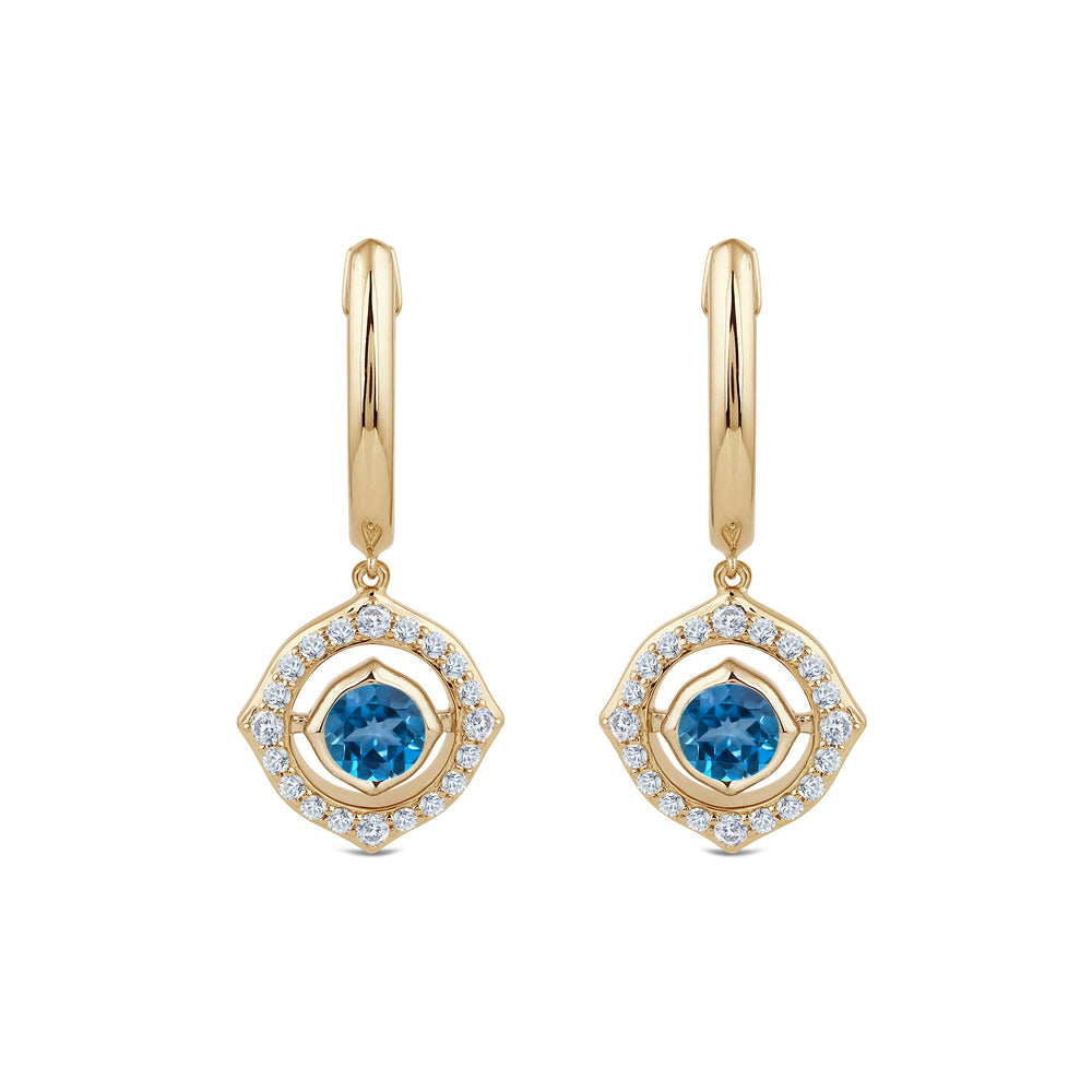 Signature London Blue Topaz Birthstone Drop Huggies with Lab Cut Diamond in 14KT Yellow Gold view 2
