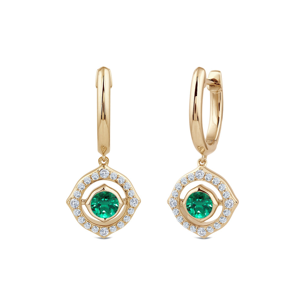 Signature Created Emerald Birthstone Drop Huggies with Lab Cut Diamond in 14KT Yellow Gold view 2
