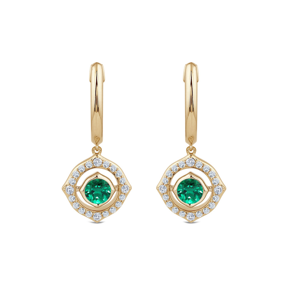Signature Created Emerald Birthstone Drop Huggies with Lab Cut Diamond in 14KT Yellow Gold view 1
