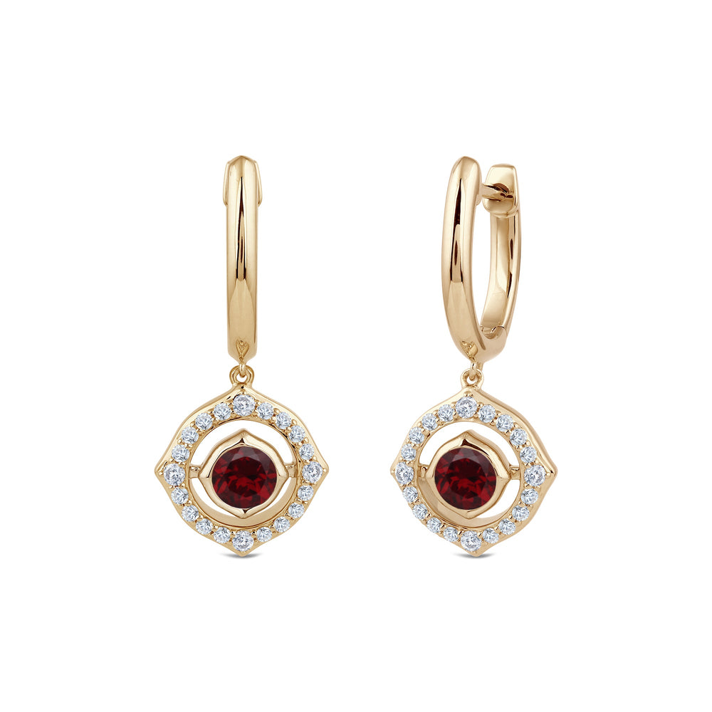 Signature Garnet Birthstone Drop Huggies with Lab Cut Diamond in 14KT Yellow Gold view 1
