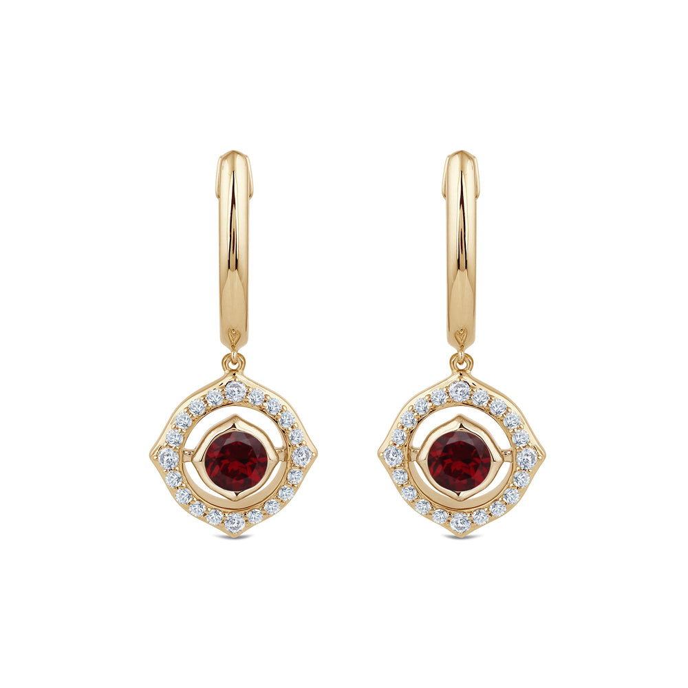 Signature Garnet Birthstone Drop Huggies with Lab Cut Diamond in 14KT Yellow Gold view 2
