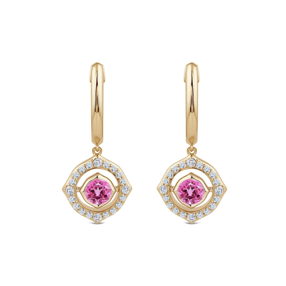 Signature Pink Tourmaline Birthstone Drop Huggies with Lab Cut Diamond in 14KT Yellow Gold view 1
