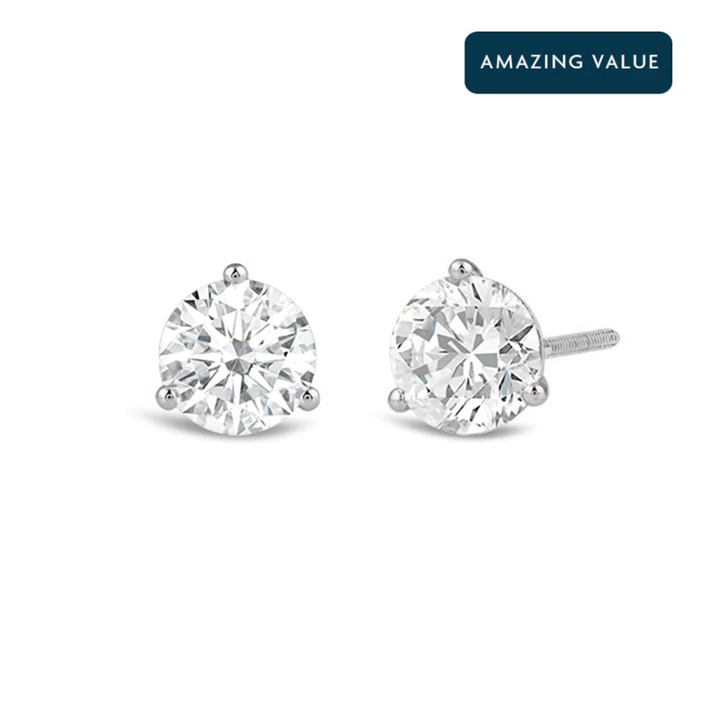 Classic Round Brilliant Cut Diamond Three Prong Martini Stud Earrings with Round Cut Diamond in 14KT White Gold view 1
