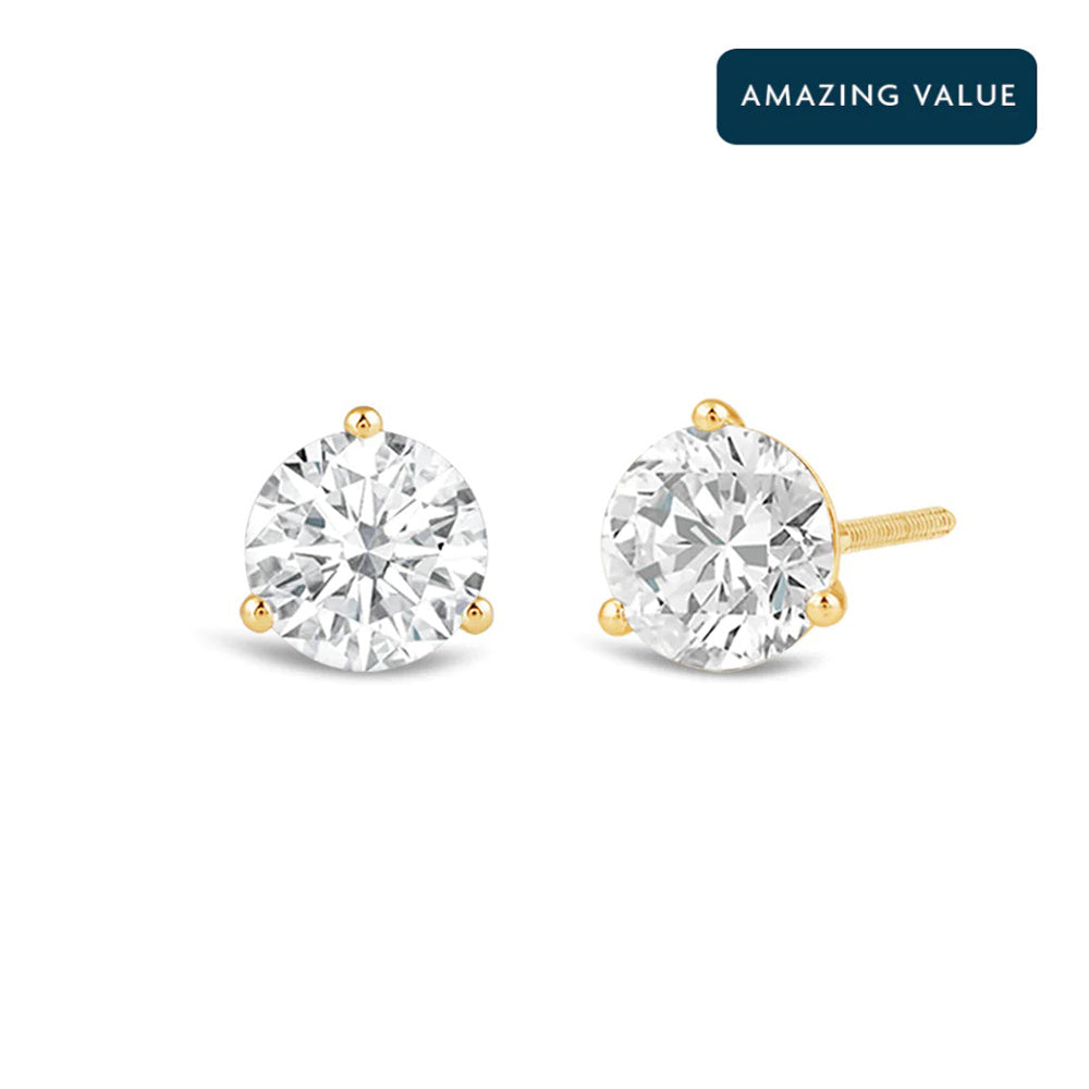 Classic Round Brilliant Cut Diamond Three Prong Martini Stud Earrings with Round Cut Diamond in 14KT Yellow Gold view 1
