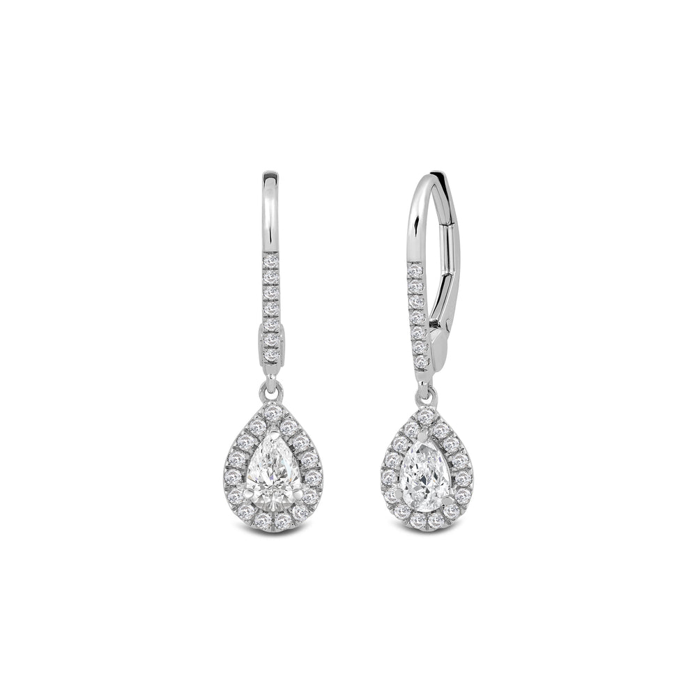 Halo Pear Drop Studded Lever Back Earrings with 14KT White Gold / Lab / 3/4 Cut Diamond in 14KT White Gold / Lab / 3/4 view 1
