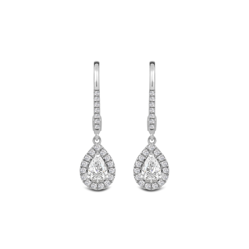 Halo Pear Drop Studded Lever Back Earrings with 14KT White Gold / Lab / 3/4 Cut Diamond in 14KT White Gold / Lab / 3/4 view 2
