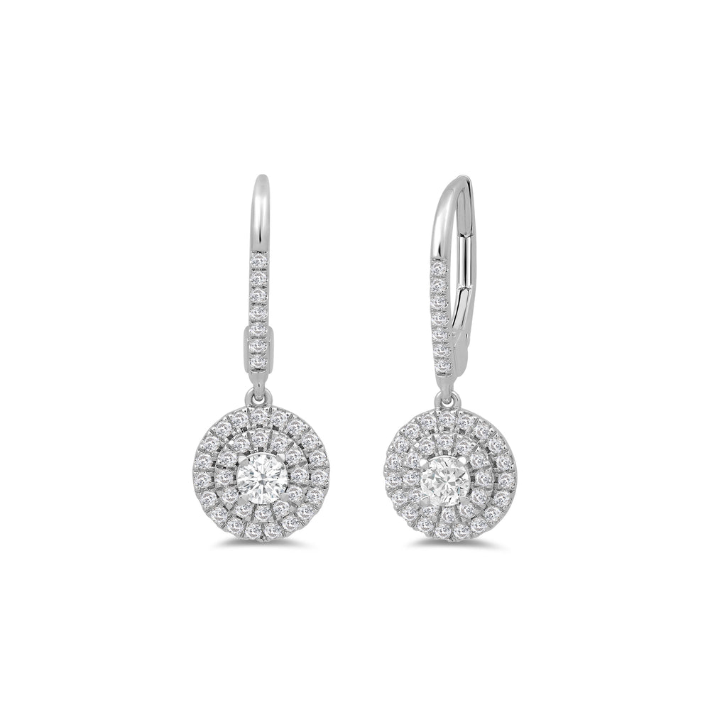 Double Halo Round Drop Studded Lever Back Earrings with 14KT White Gold / Lab / 3/4 Cut Diamond in 14KT White Gold / Lab / 3/4 view 1
