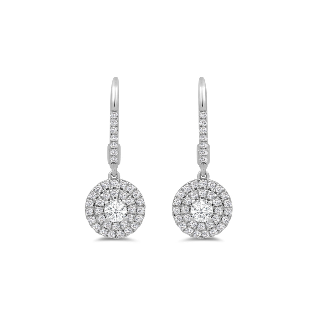 Double Halo Round Drop Studded Lever Back Earrings with 14KT White Gold / Lab / 3/4 Cut Diamond in 14KT White Gold / Lab / 3/4 view 2
