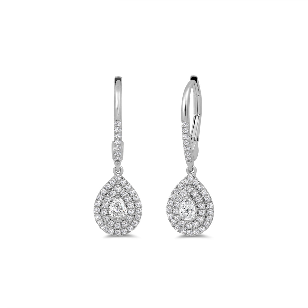 Double Halo Pear Drop Studded Lever Back Earrings with 14KT White Gold / Lab / 3/4 Cut Diamond in 14KT White Gold / Lab / 3/4 view 1
