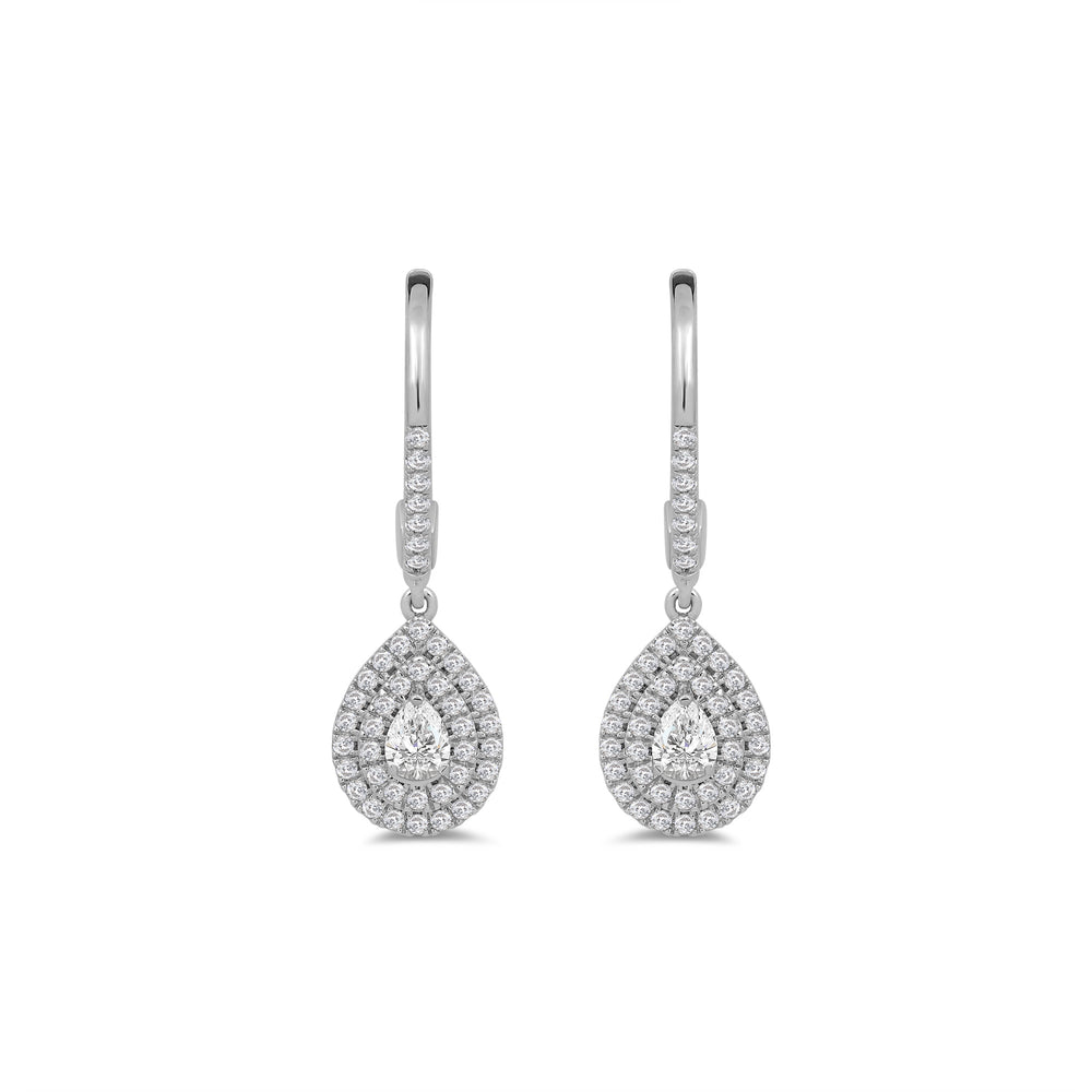 Double Halo Pear Drop Studded Lever Back Earrings with 14KT White Gold / Lab / 3/4 Cut Diamond in 14KT White Gold / Lab / 3/4 view 2
