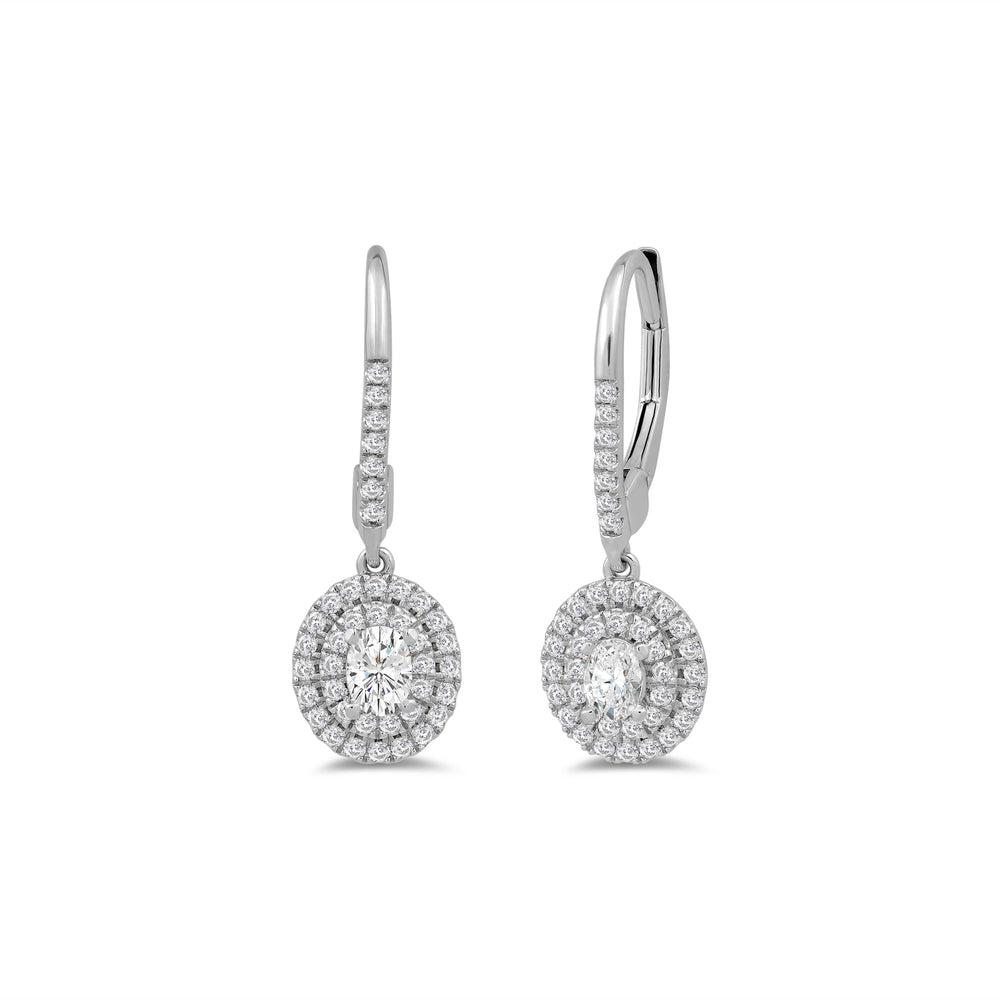 Double Halo Oval Drop Studded Lever Back Earrings with 14KT White Gold / Lab / 3/4 Cut Diamond in 14KT White Gold / Lab / 3/4 view 1
