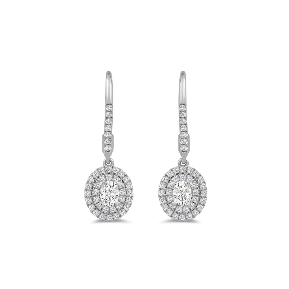 Double Halo Oval Drop Studded Lever Back Earrings with 14KT White Gold / Lab / 3/4 Cut Diamond in 14KT White Gold / Lab / 3/4 view 2
