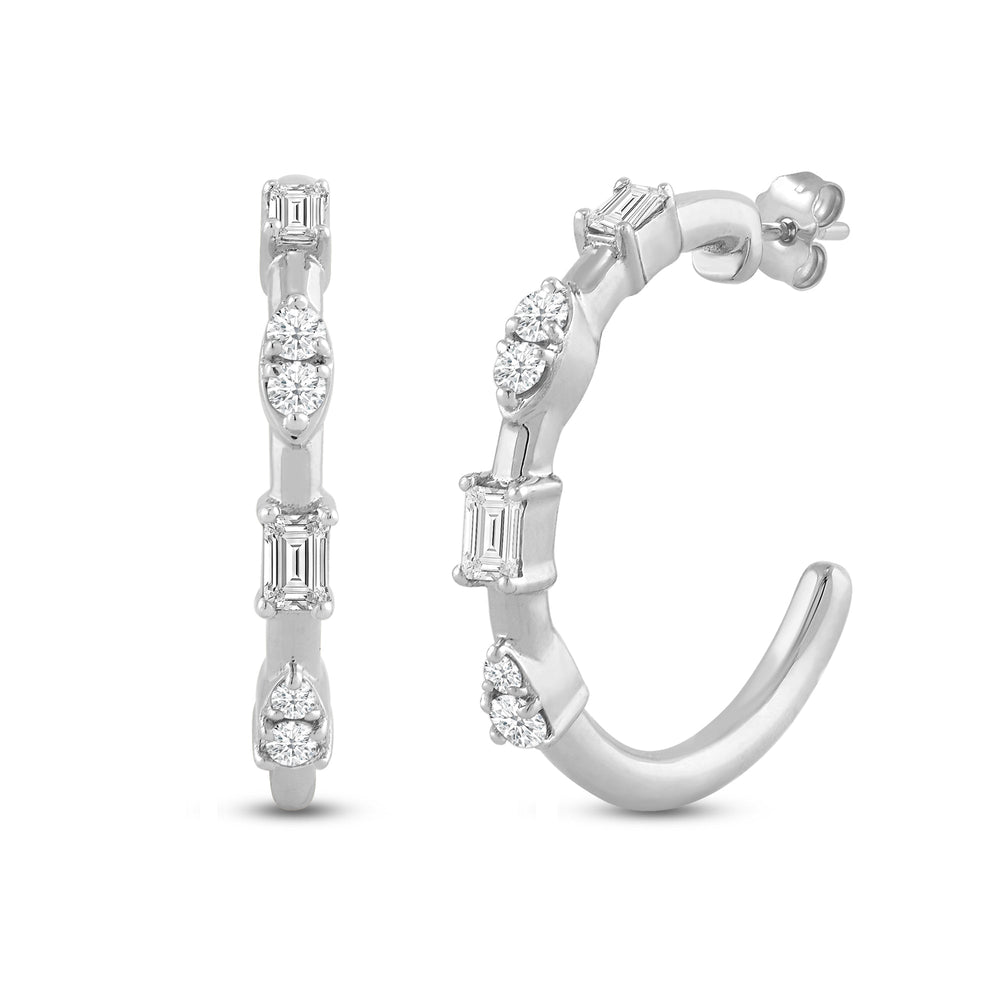 Baguette and Diamond Cluster Hoop Earrings with 14KT White Gold / Lab / 1/4 Cut Diamond in 14KT White Gold / Lab / 1/4 view 1
