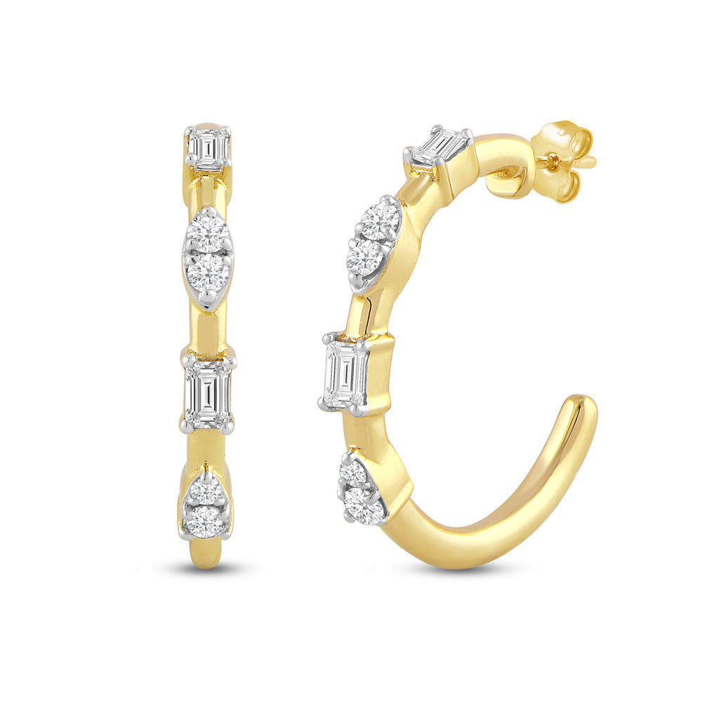 Baguette and Diamond Cluster Hoop Earrings with 14KT Yellow Gold / Lab / 1/4 Cut Diamond in 14KT Yellow Gold / Lab / 1/4 view 1
