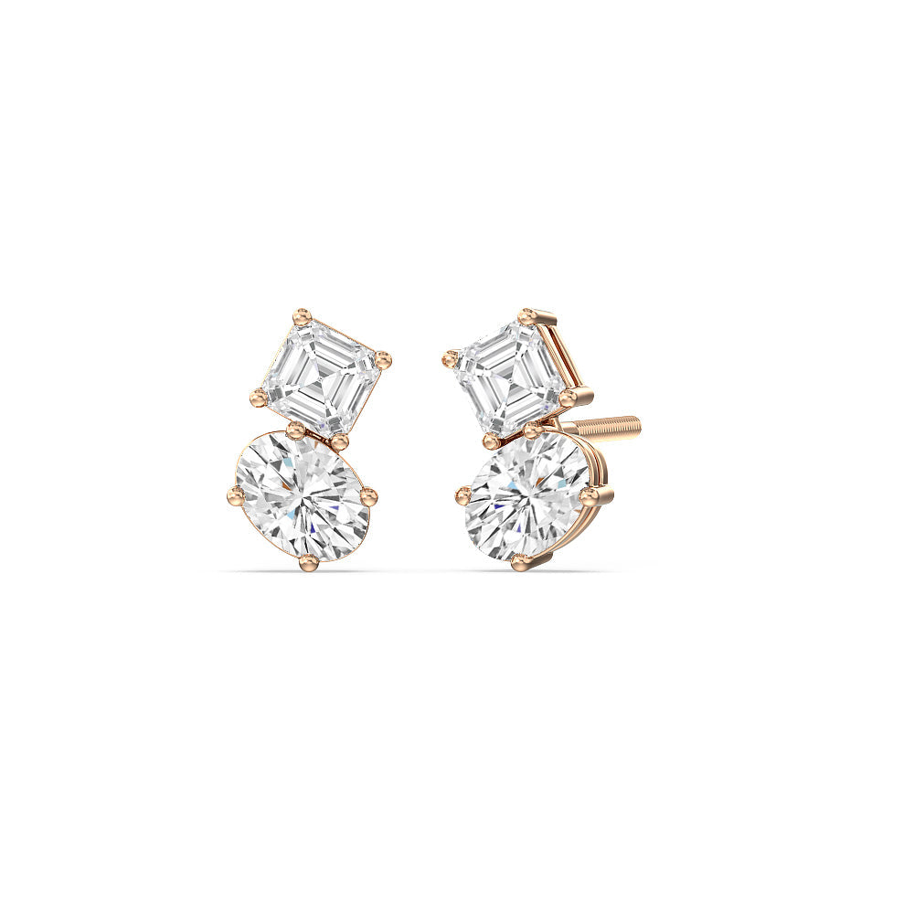 Toi et Moi Square Emerald and Oval Diamond Stud Earrings with 14KT Rose Gold / Lab / 1 3/4 Cut Diamond in 14KT Rose Gold / Lab / 1 3/4 view 1
