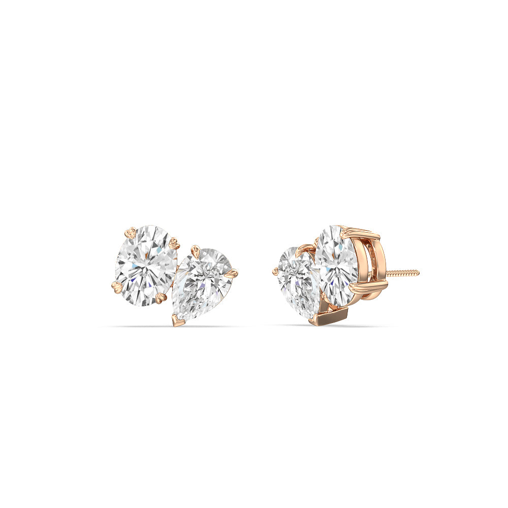 Toi et Moi Pear Oval Stud Earrings with 14KT Rose Gold / Lab / 1 3/4 Cut Diamond in 14KT Rose Gold / Lab / 1 3/4 view 1
