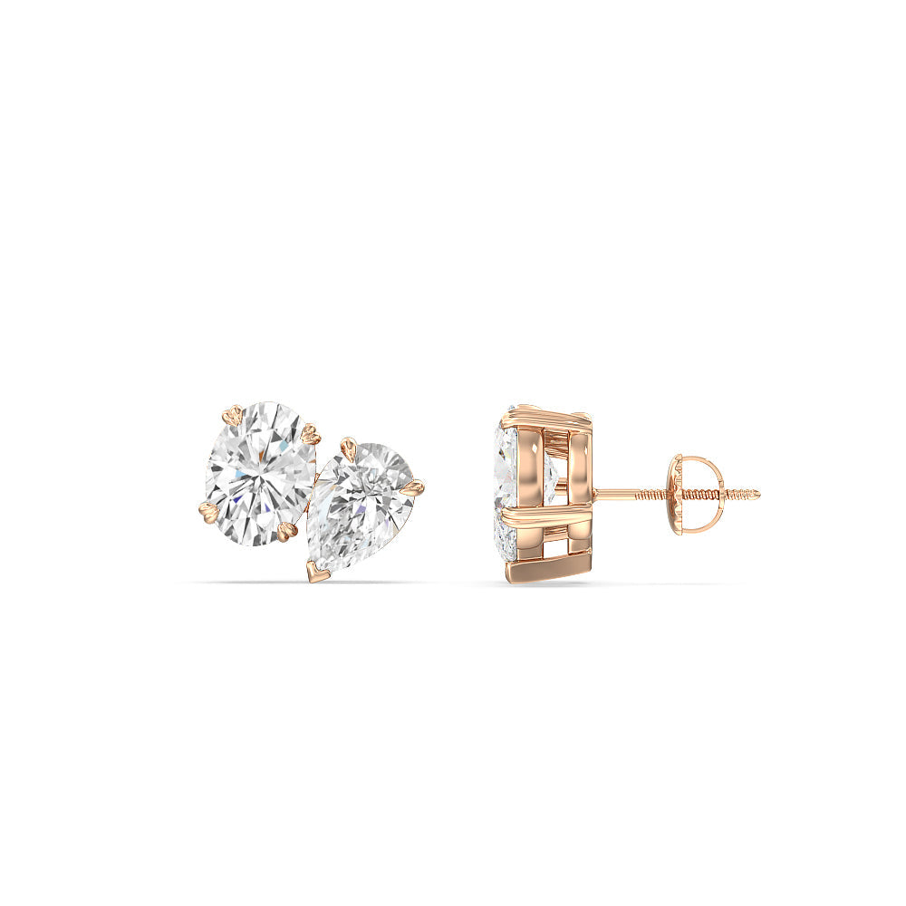 Toi et Moi Pear Oval Stud Earrings with 14KT Rose Gold / Lab / 1 3/4 Cut Diamond in 14KT Rose Gold / Lab / 1 3/4 view 2
