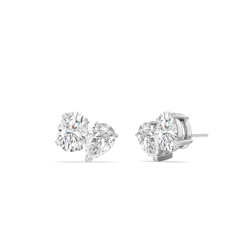 Toi et Moi Pear Oval Stud Earrings with 14KT White Gold / Lab / 1 3/4 Cut Diamond in 14KT White Gold / Lab / 1 3/4 view 1
