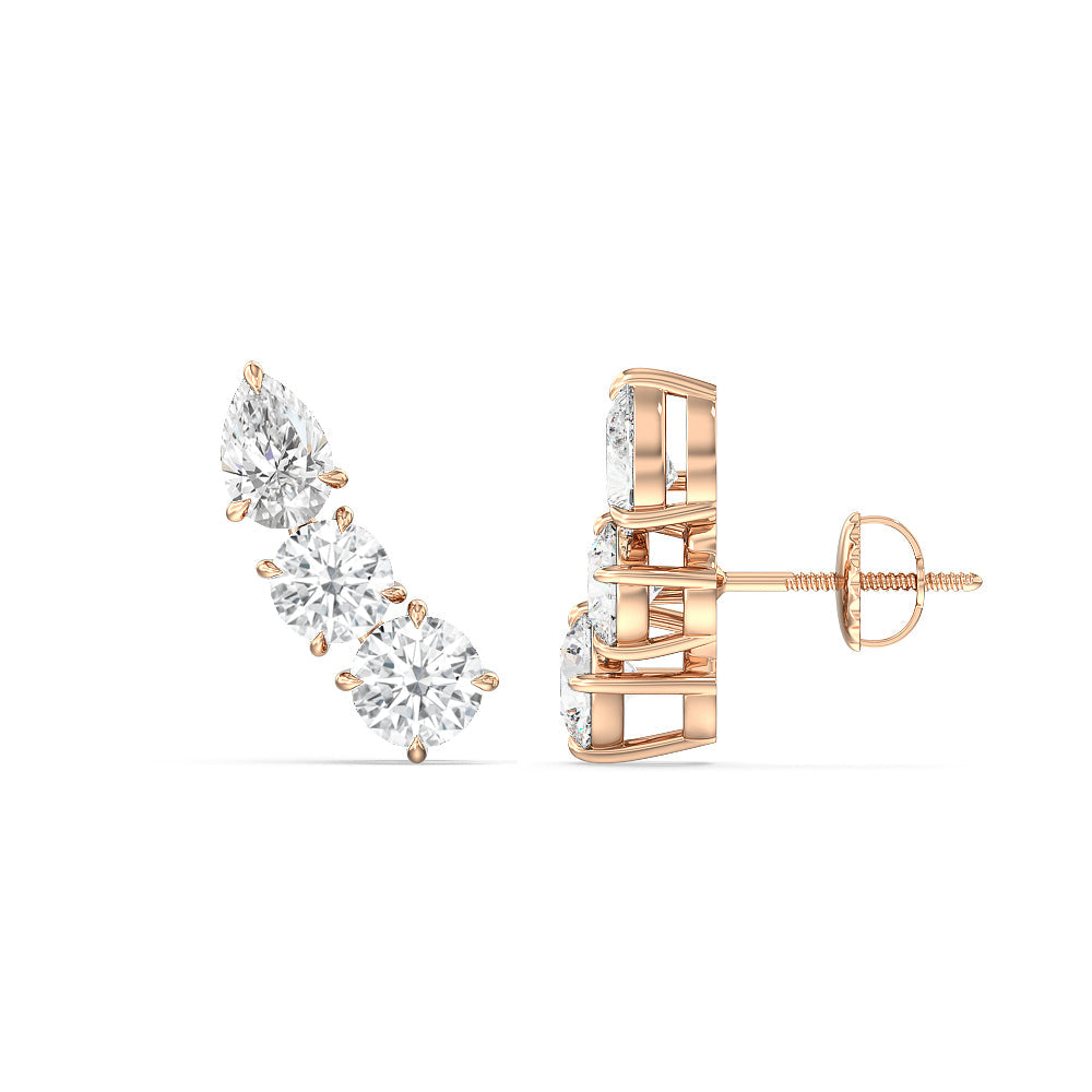 Trilogy Round and Pear Climber Earrings with 14KT Rose Gold / Left Cut Diamond in 14KT Rose Gold / Left view 2
