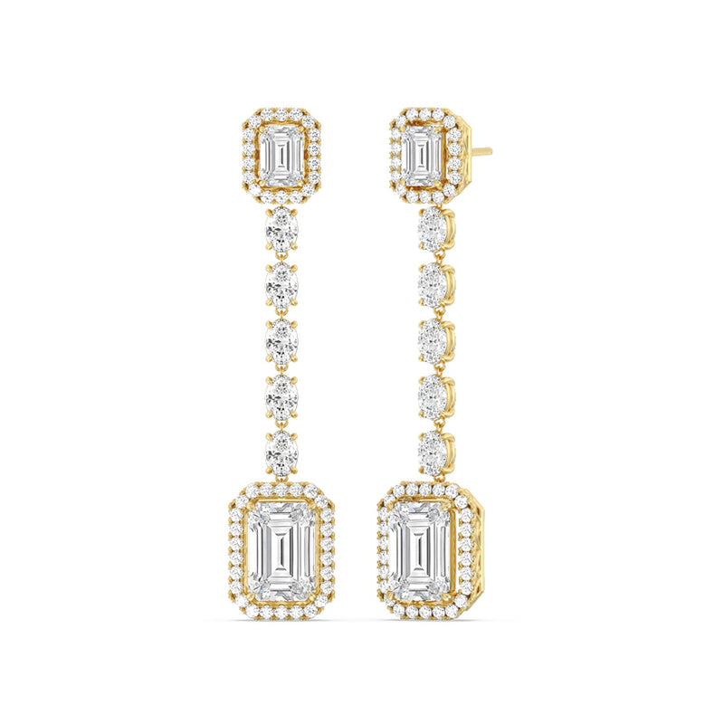 Emerald Cut Drop Halo Dangler Earrings
