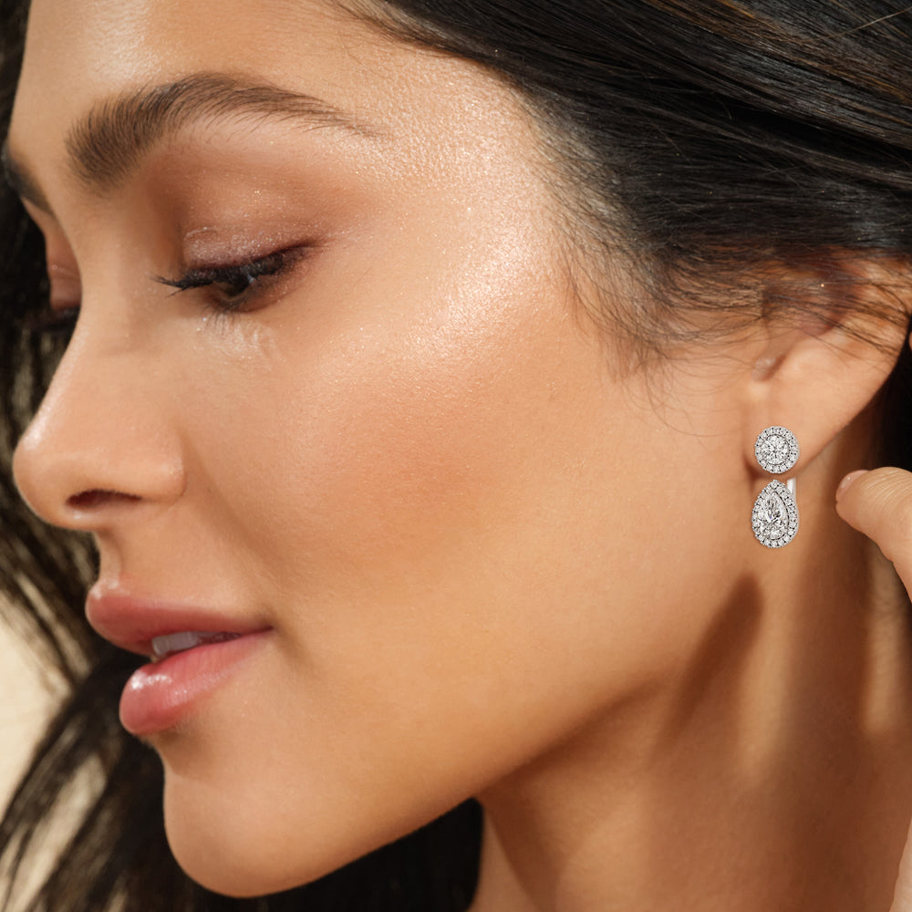 Model Wearing Toi et Moi Halo Round and Teardrop Front Back Earrings view