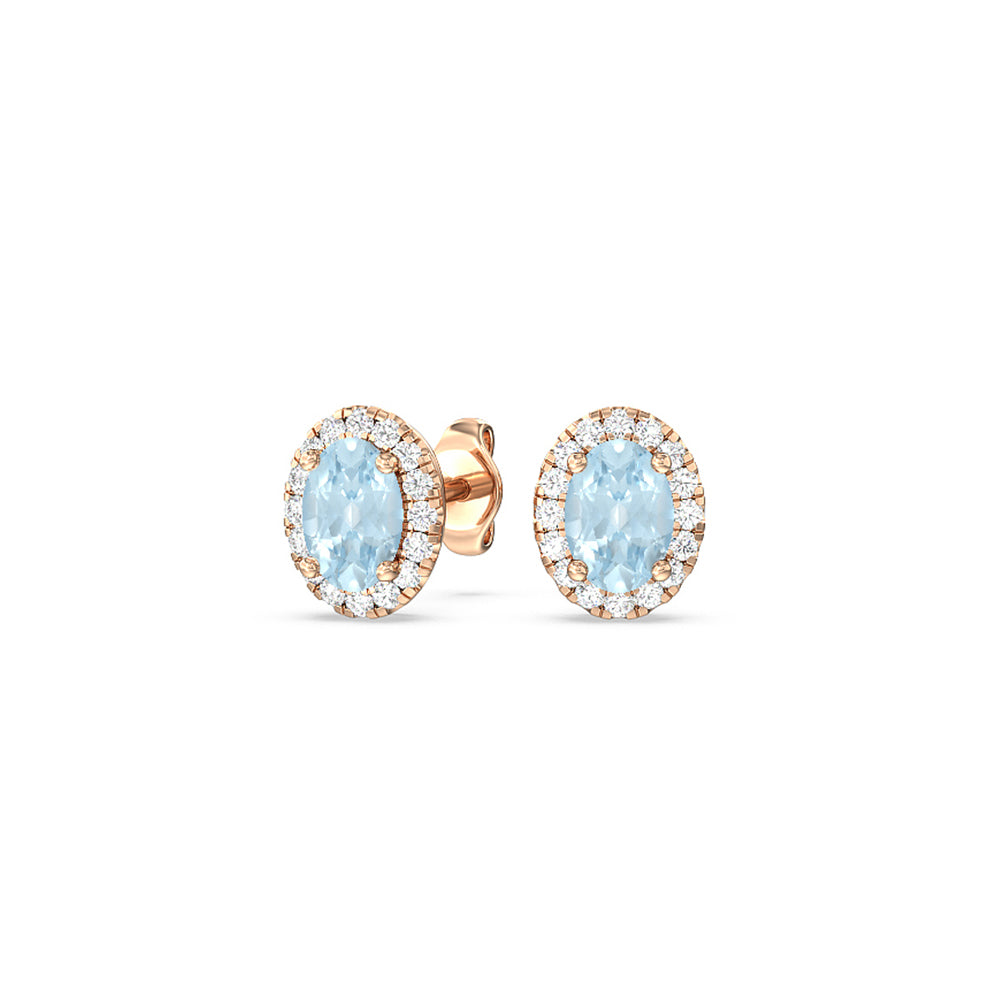 Oval Aquamarine and Lab Diamond Classic Solitaire Halo Earrings with 8x6 Cut Diamond in 14KT Rose Gold view 1
