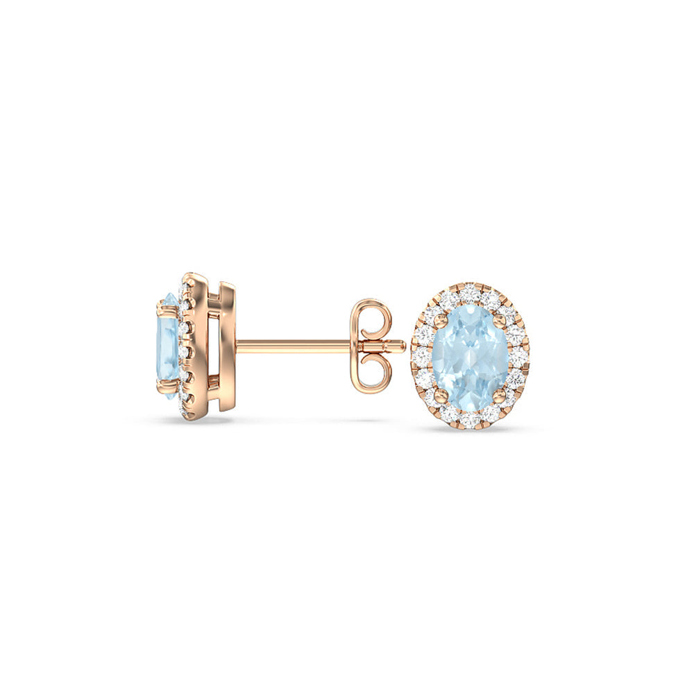 Oval Aquamarine and Lab Diamond Classic Solitaire Halo Earrings with 8x6 Cut Diamond in 14KT Rose Gold view 2
