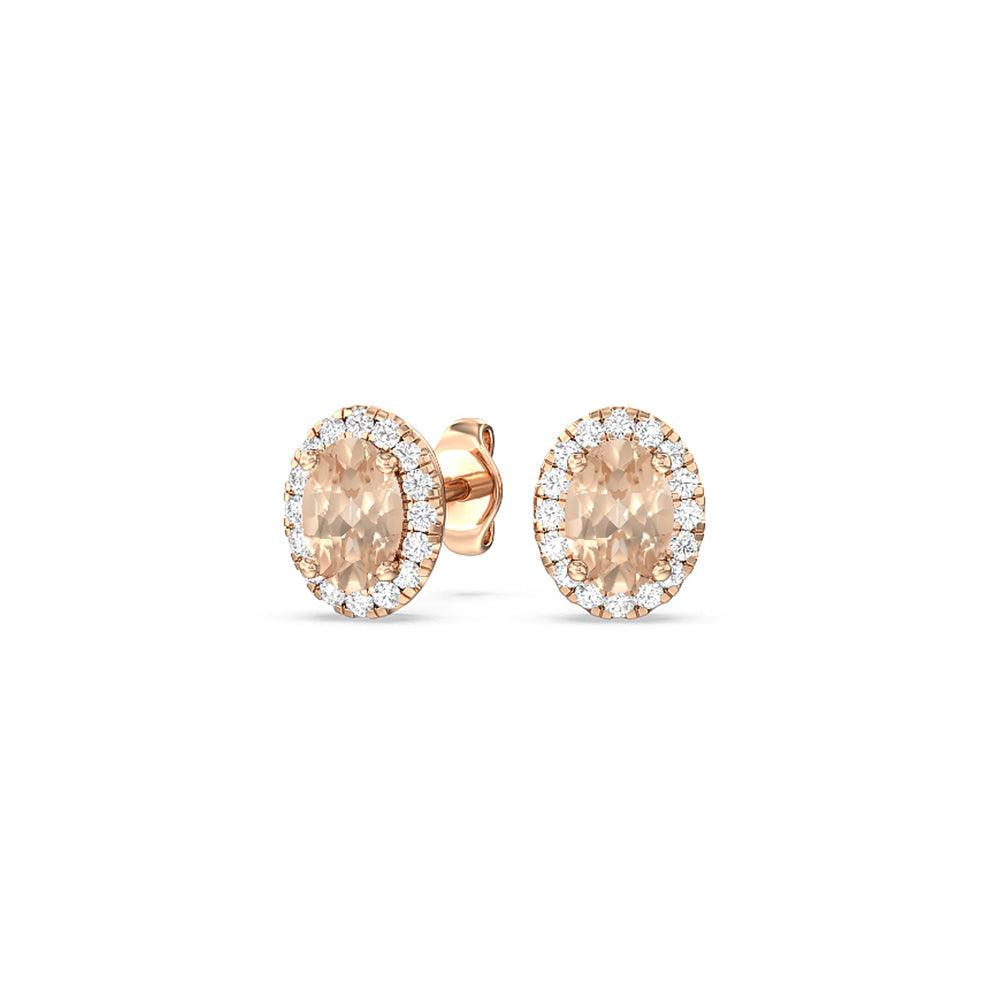 Oval Morganite and Lab Diamond Classic Solitaire Halo Earrings with 8X6 Cut Diamond in 14KT Rose Gold view 1
