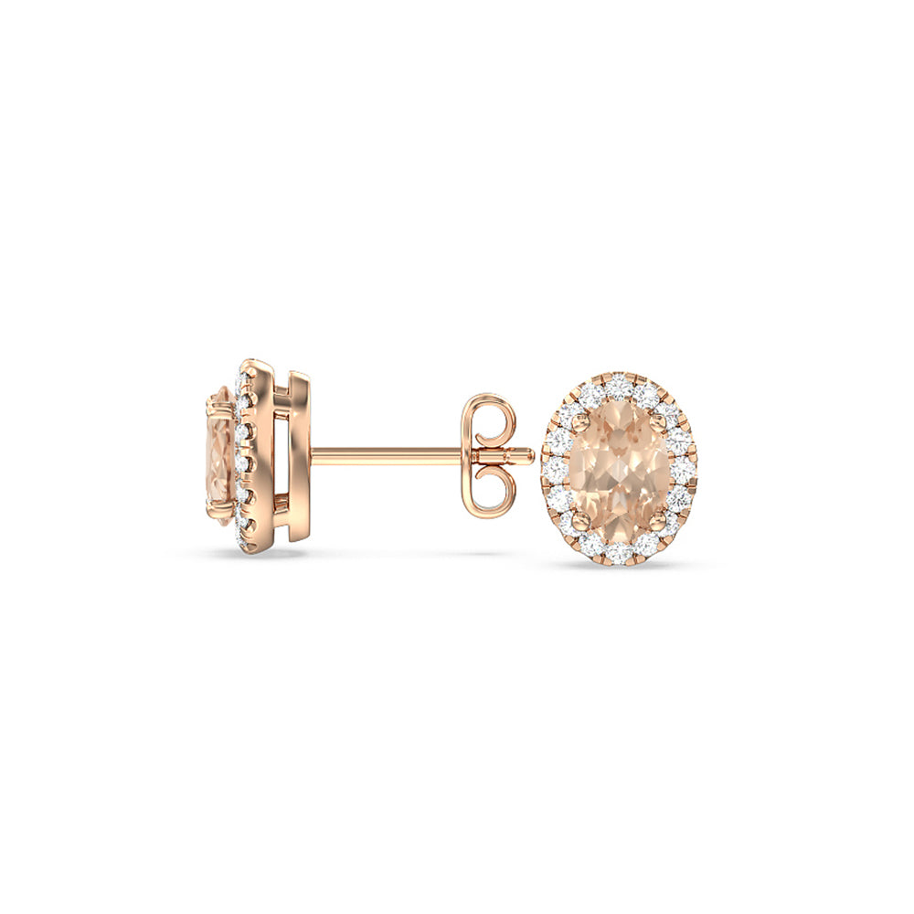 Oval Morganite and Lab Diamond Classic Solitaire Halo Earrings with 8X6 Cut Diamond in 14KT Rose Gold view 2
