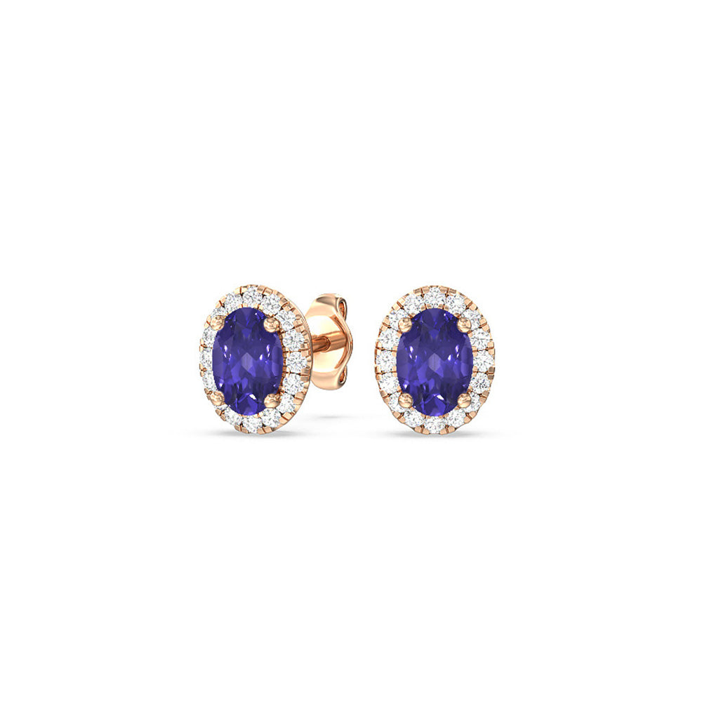 Oval Tanzanite and Lab Diamond Classic Solitaire Halo Earrings with 8X6 Cut Diamond in 14KT Rose Gold view 1
