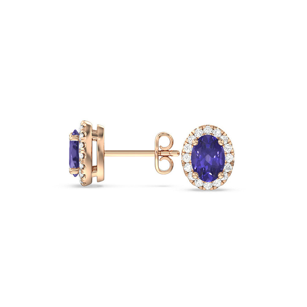 Oval Tanzanite and Lab Diamond Classic Solitaire Halo Earrings with 8X6 Cut Diamond in 14KT Rose Gold view 2
