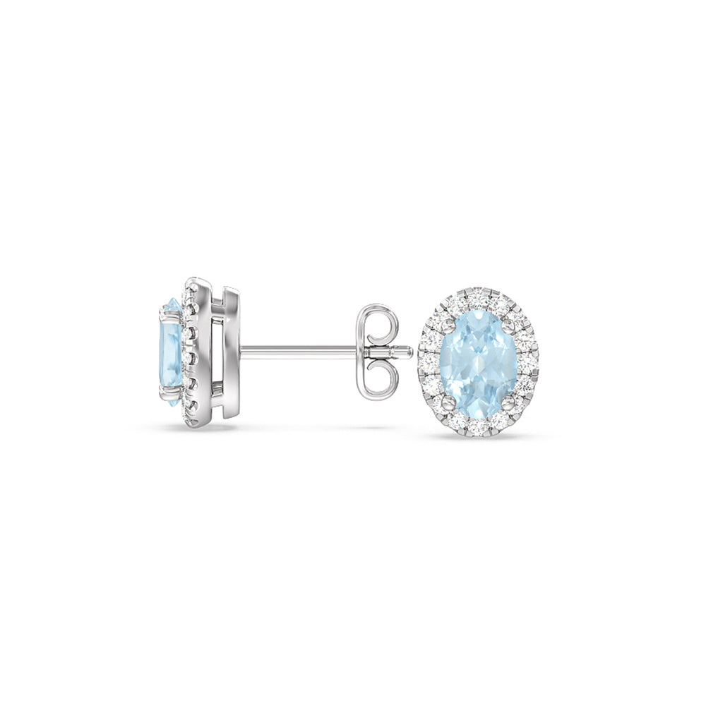 Oval Aquamarine and Lab Diamond Classic Solitaire Halo Earrings with 8x6 Cut Diamond in 14KT White Gold view 2
