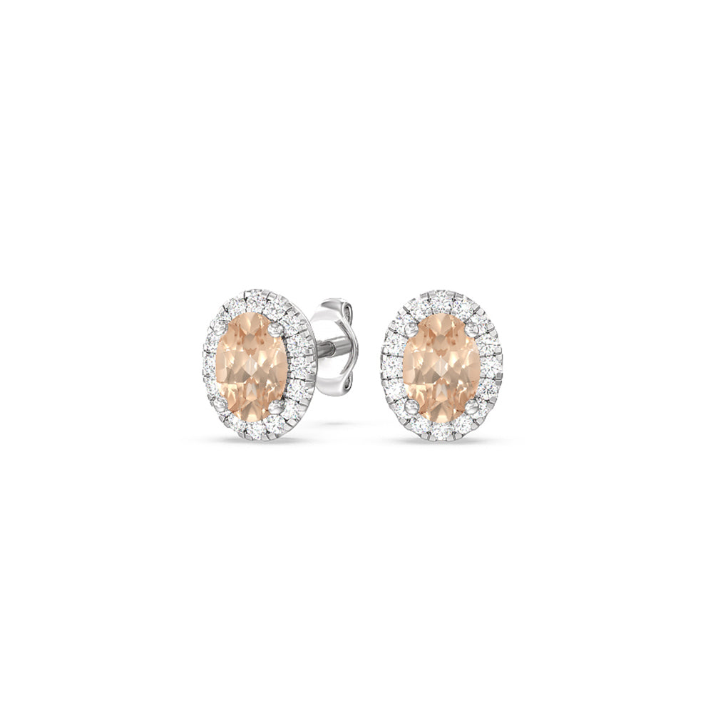 Oval Morganite and Lab Diamond Classic Solitaire Halo Earrings (14KT White Gold) with 6x4 Cut Diamond in 14KT White Gold view 1
