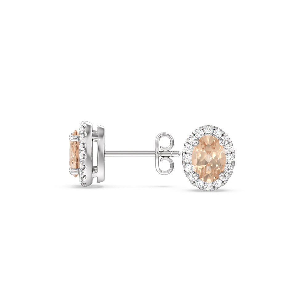 Oval Morganite and Lab Diamond Classic Solitaire Halo Earrings (14KT White Gold) with 6x4 Cut Diamond in 14KT White Gold view 2
