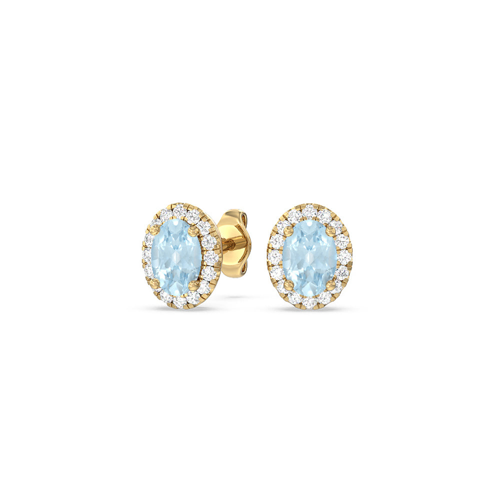 Oval Aquamarine and Lab Diamond Classic Solitaire Halo Earrings with 8x6 Cut Diamond in 14KT Yellow Gold view 1
