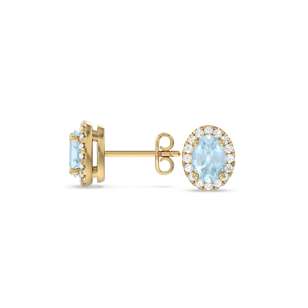 Oval Aquamarine and Lab Diamond Classic Solitaire Halo Earrings with 8x6 Cut Diamond in 14KT Yellow Gold view 2
