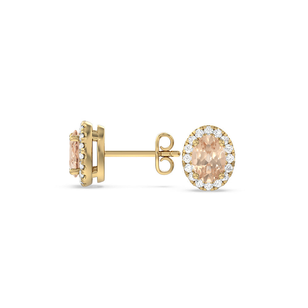 Oval Morganite and Lab Diamond Classic Solitaire Halo Earrings with 8X6 Cut Diamond in 14KT Yellow Gold view 2
