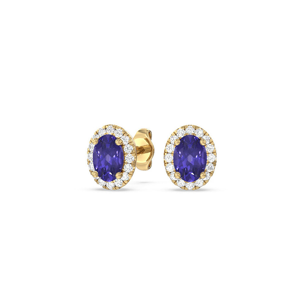 Oval Tanzanite and Lab Diamond Classic Solitaire Halo Earrings with 8X6 Cut Diamond in 14KT Yellow Gold view 1
