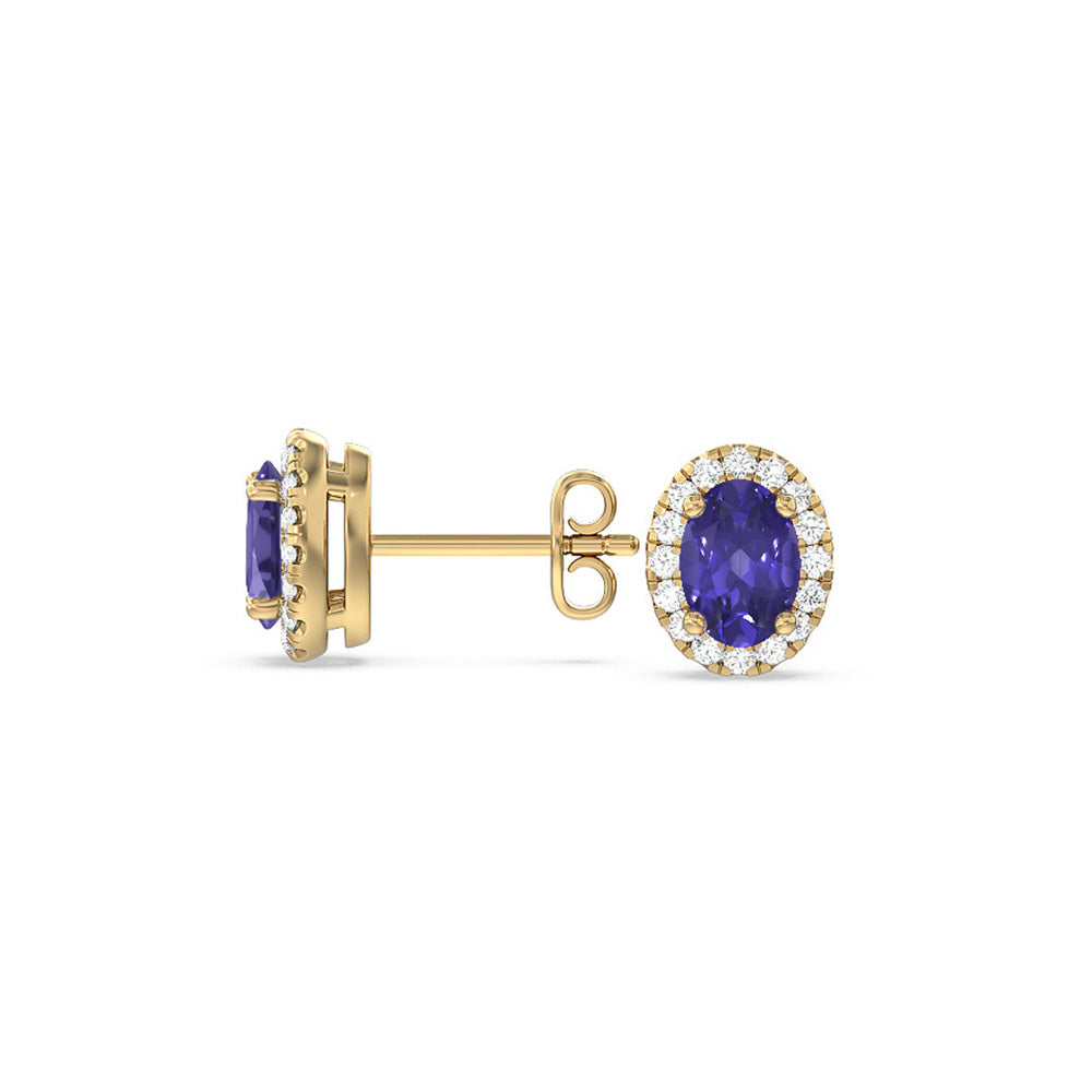 Oval Tanzanite and Lab Diamond Classic Solitaire Halo Earrings with 8X6 Cut Diamond in 14KT Yellow Gold view 2
