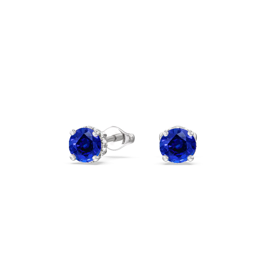 Round Created Sapphire and Lab Diamond Classic Solitaire Under-Halo Earrings with 14KT White Gold Cut Diamond in 14KT White Gold view 1
