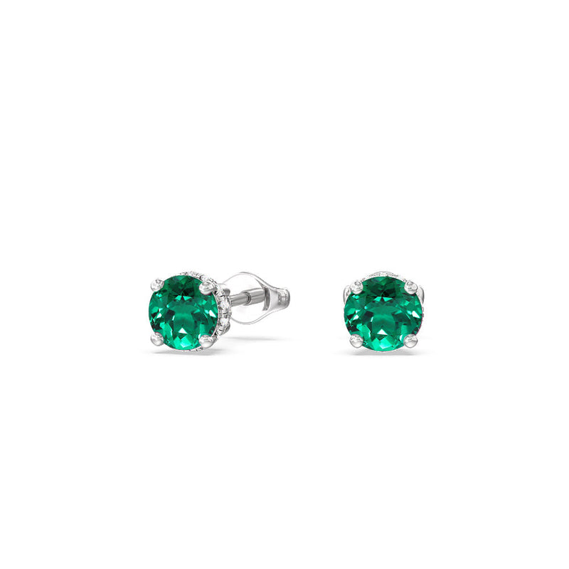 Round Shape Created Emerald and Lab Diamond Classic Solitaire Under-Halo Earrings