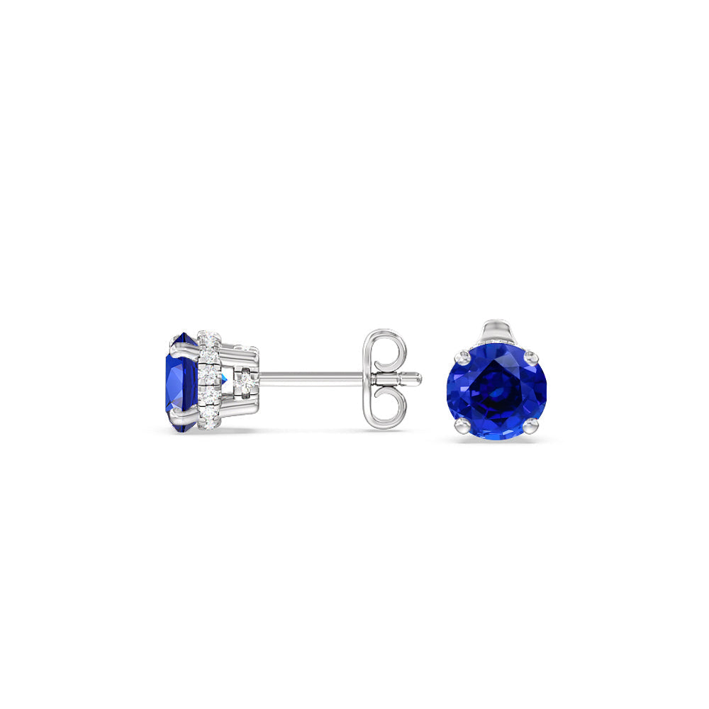 Round Created Sapphire and Lab Diamond Classic Solitaire Under-Halo Earrings with 14KT White Gold Cut Diamond in 14KT White Gold view 2
