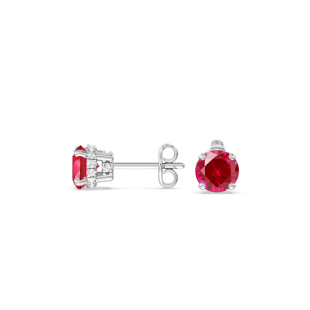 Round Created Ruby and Lab Diamond Classic Solitaire Under-Halo Earrings with 14KT White Gold Cut Diamond in 14KT White Gold view 2
