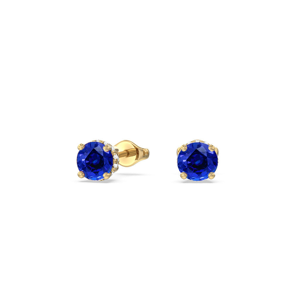 Round Created Sapphire and Lab Diamond Classic Solitaire Under-Halo Earrings with 14KT Yellow Gold Cut Diamond in 14KT Yellow Gold view 1

